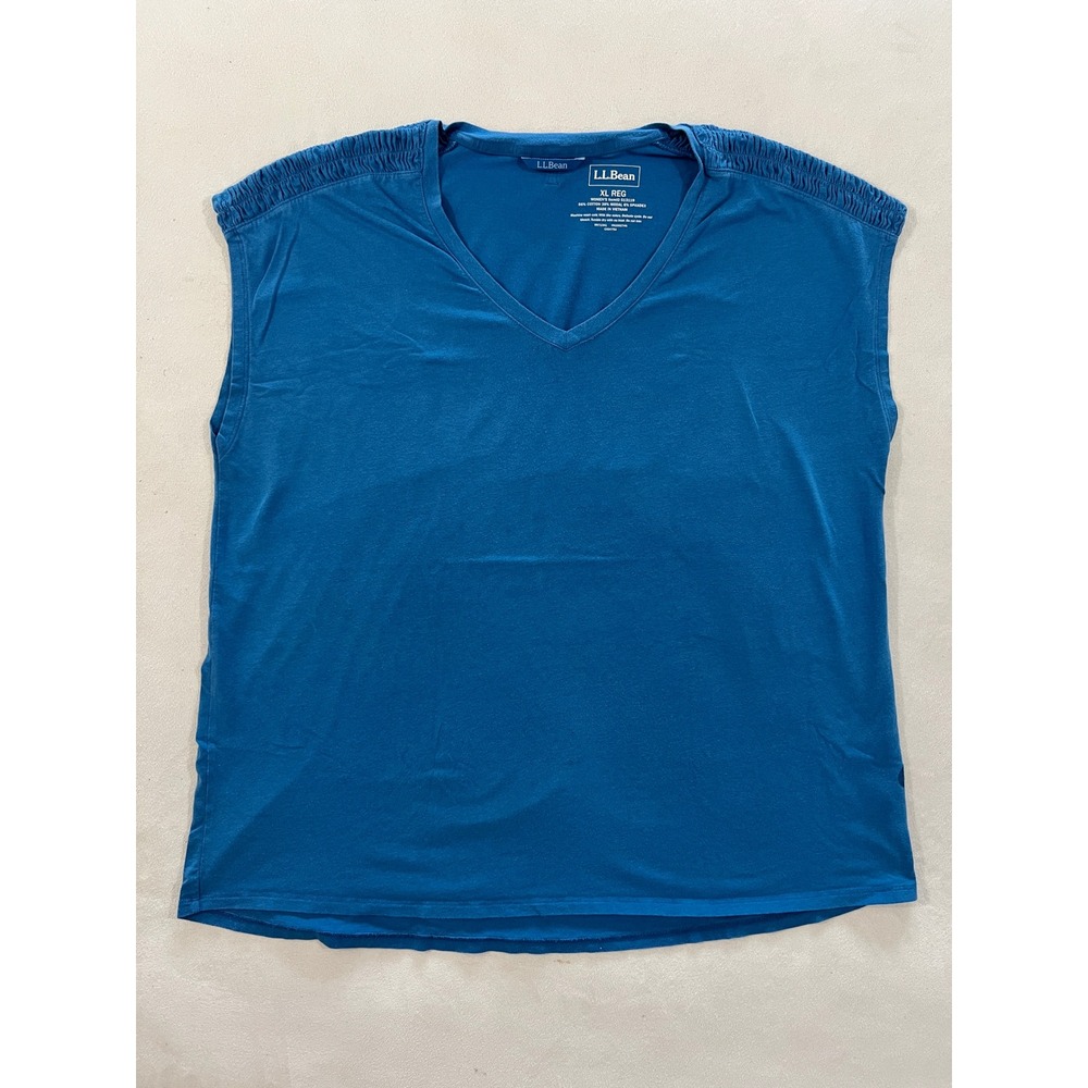 LL Bean Womens XL Blue V-Neck Ruched Shoulder Sleeveless Modal Cotton Top 513119